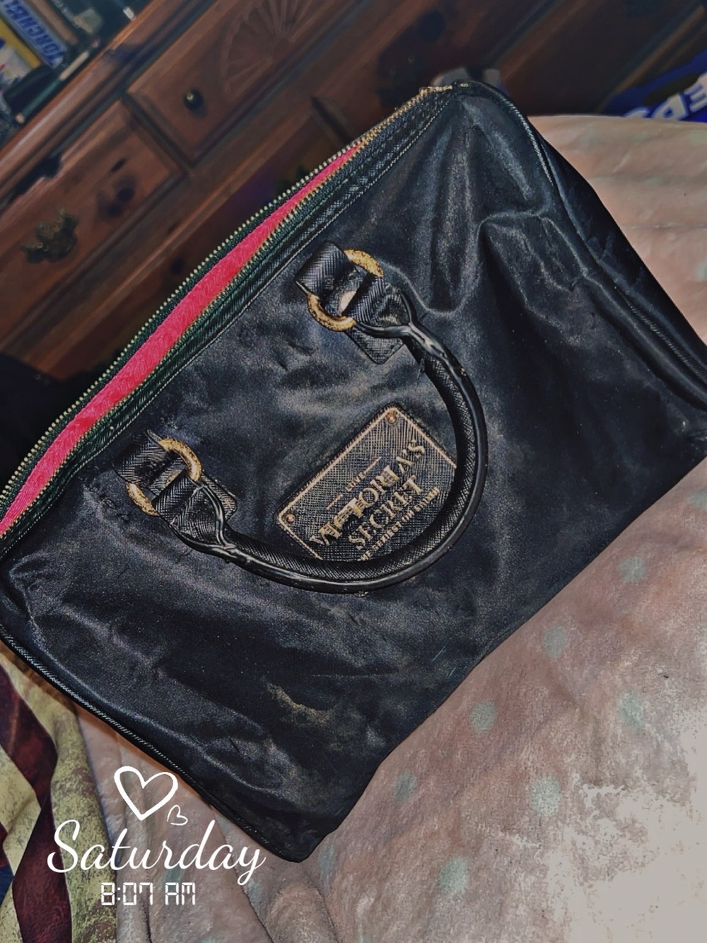 Victorias Secret Black Nylon Cosmetic Bag with Pink Trim